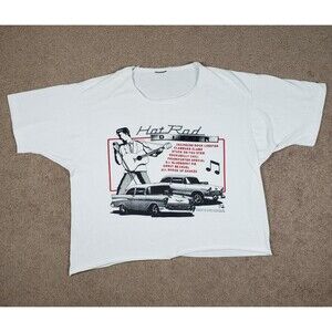 Vintage 90s Hot Rod Dinner Graphic T-Shirt Cut-off Funny Menu Mix Elvis Songs